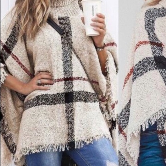 Plaid Fall Stylish Oatmeal Poncho Must Have 🍁 - Picture 3 of 4
